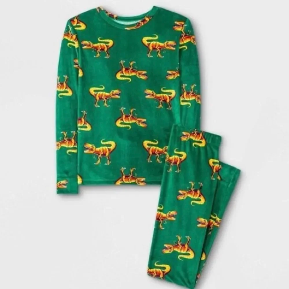 Cat & Jack Kids Long Sleeve Velour Style Dino Print Pajama Set. PJs. 18 Months.